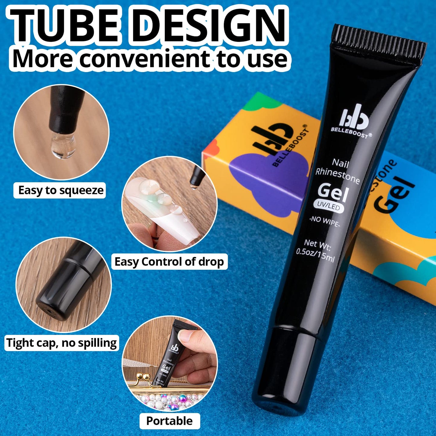 Nail Art Rhinestone Glue Gel&1 Box Flatback Gems Kit, 1 Tube of 15ml Rhinestone Gel Glue(UV/LED Needed)+Round Glass Crystal Clear Gemstones with Pickup Tools