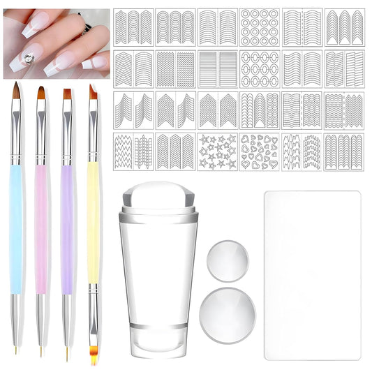 French Tip Nail Stamp Kit – Complete French Nail Art Set with Nail Guide Stickers, Nail Art Brush and Dual Head Silicone Stamper | Perfect for DIY Nail Designs