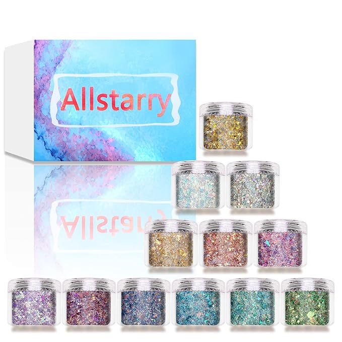 Allstarry 12 Colors Chunky Glitter Holographic Craft Glitter Cosmetic Nail Art Sequins Mixed Fine Glitter Flakes for Nails Art Decoration Hair Eyes Face Body, Resin Tumblers, Epoxy, Slime