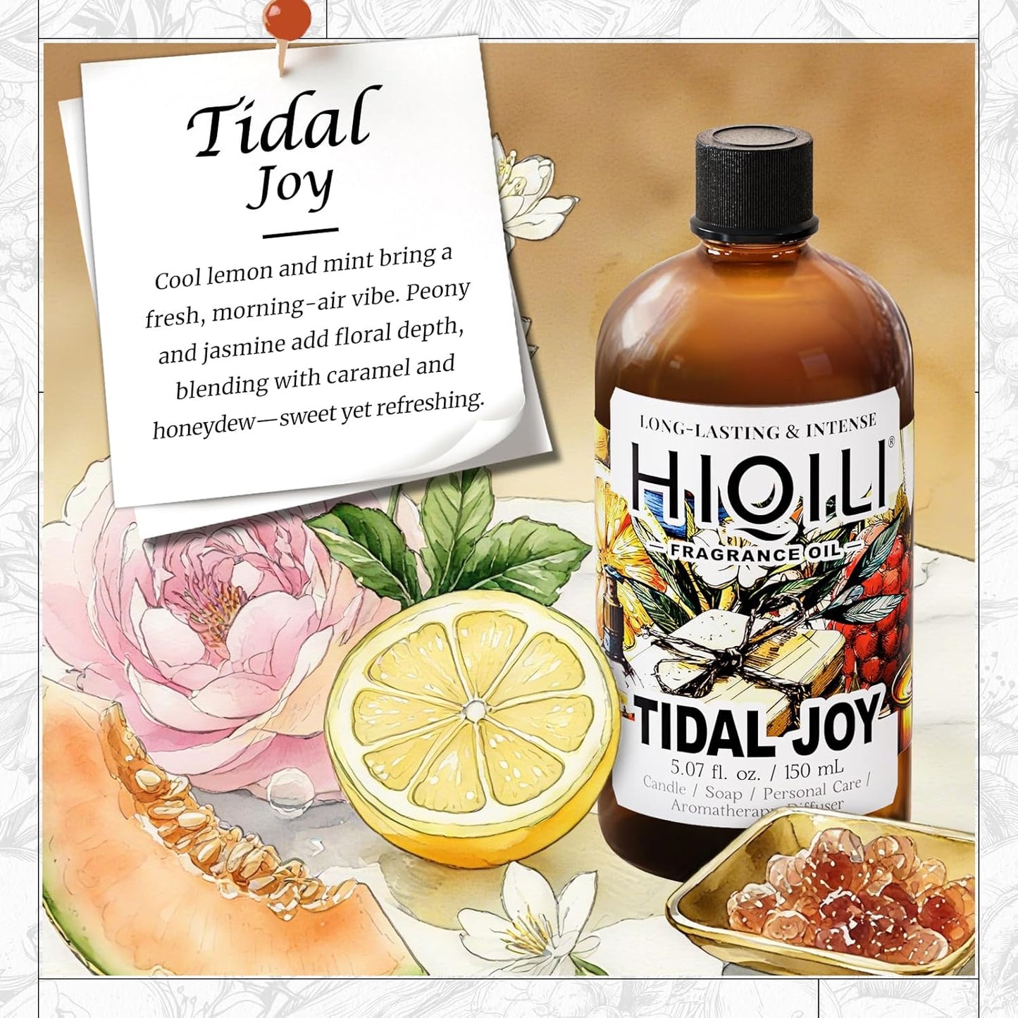 HIQILI Tidal Joy Fragrance Oil for Diffuser, Brown Sugar & Lemon Scents, Candle, Soap, Perfume Making, Long-Lasting - 5.07fl oz