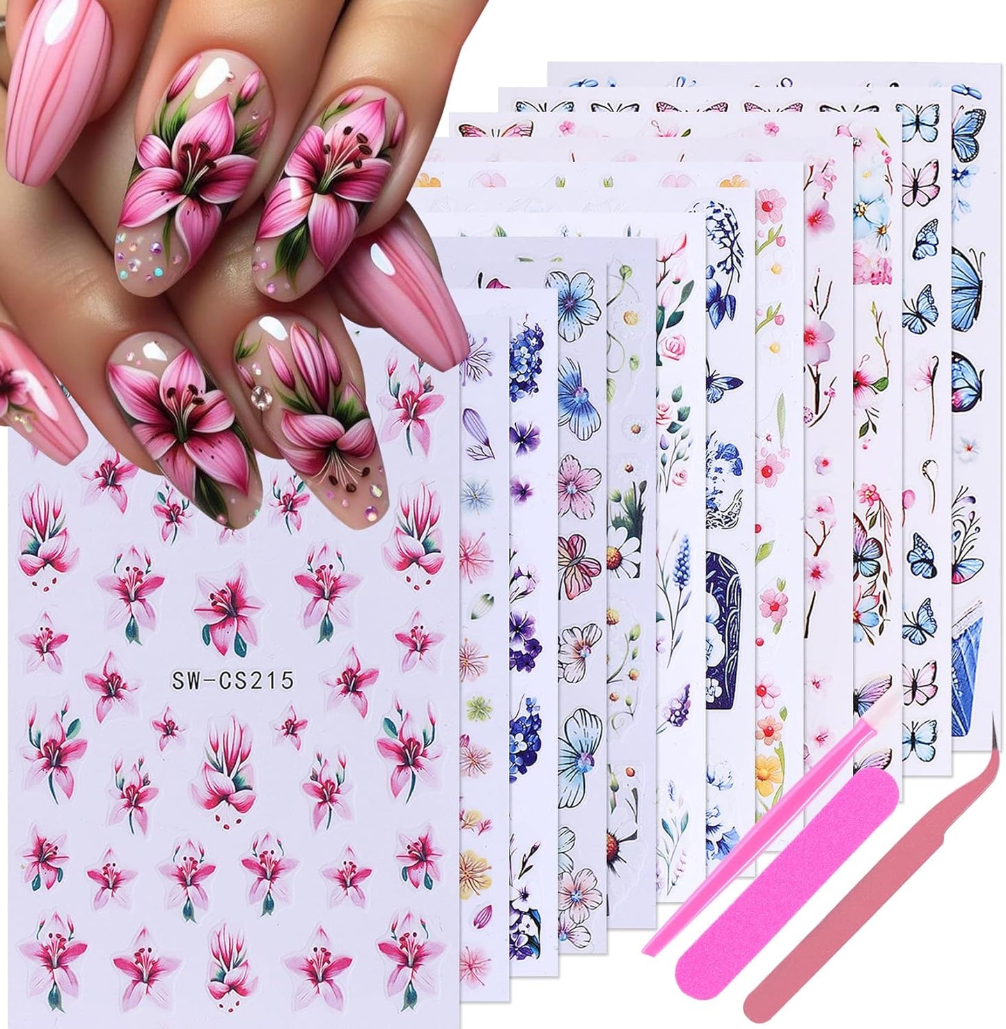 Flower Stickers for Nail Art Decals - 12 Sheets Spring Butterfly Nail Stickers with Tweezers 3D Floral Leaves Plant Nail Art Designs DIY Self Adhesive Daisy Blossom Nail Supplies Decorations