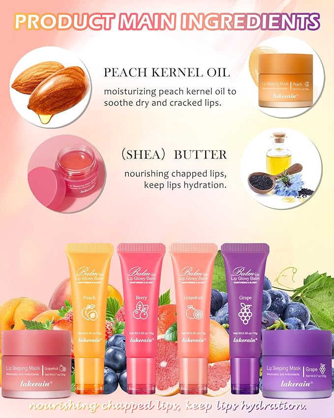 2Pcs Lip Glowy Balm & Lip Sleeping Mask Set,Hydrating Nourishing Repair Sleeping Lip Mask,Glossy Tinted Lip Balm,Day & Night Smooth Cracked Chapped Lip,Lip Care Therapy Treatment for Women-Grapefruit