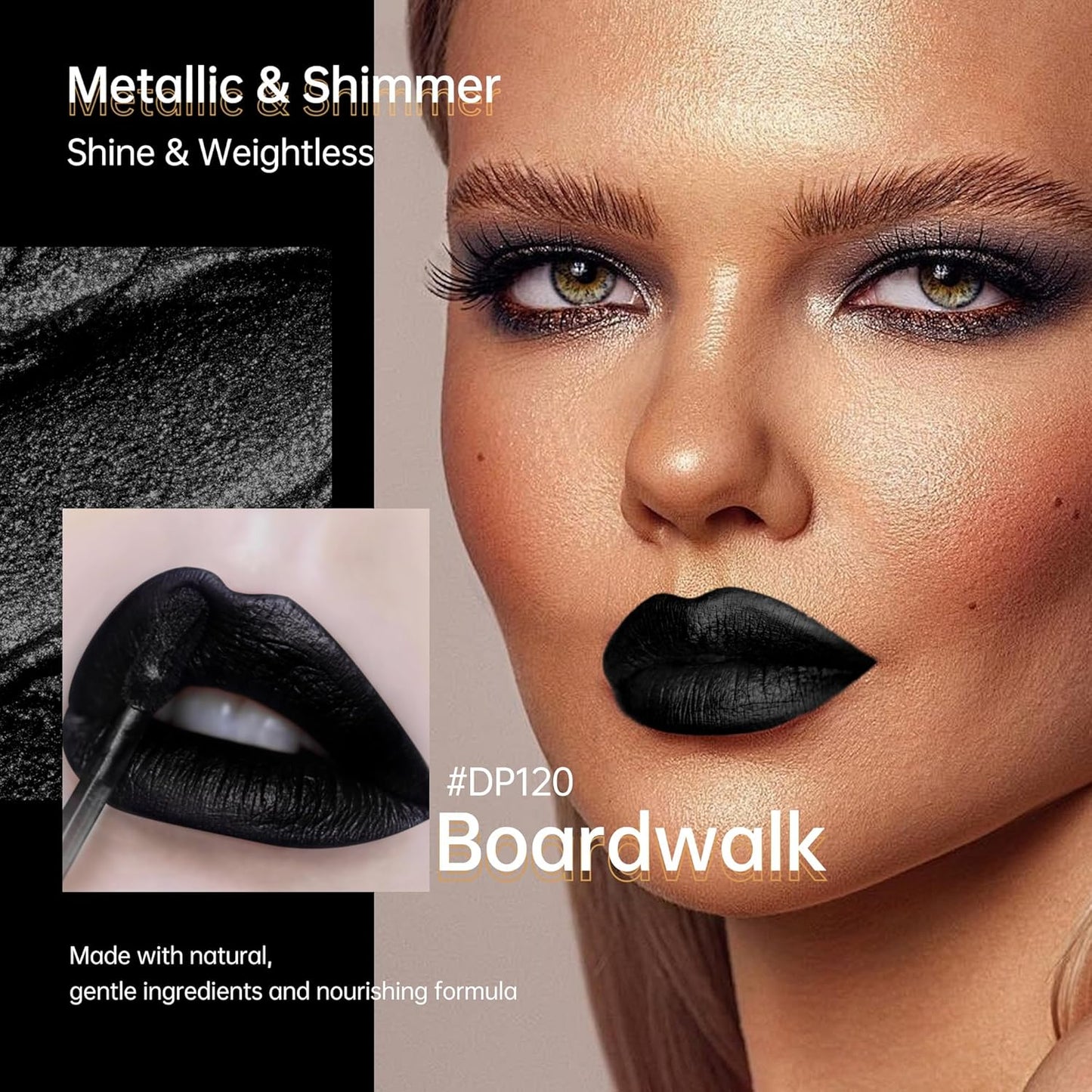 Black Lipsticks for Women Metallic Lipstick Long Lasting Non Stick Cup Lip Gloss, Shimmer Lightweight Hydrating Full Coverage Lip Color, DP120 Boardwalk