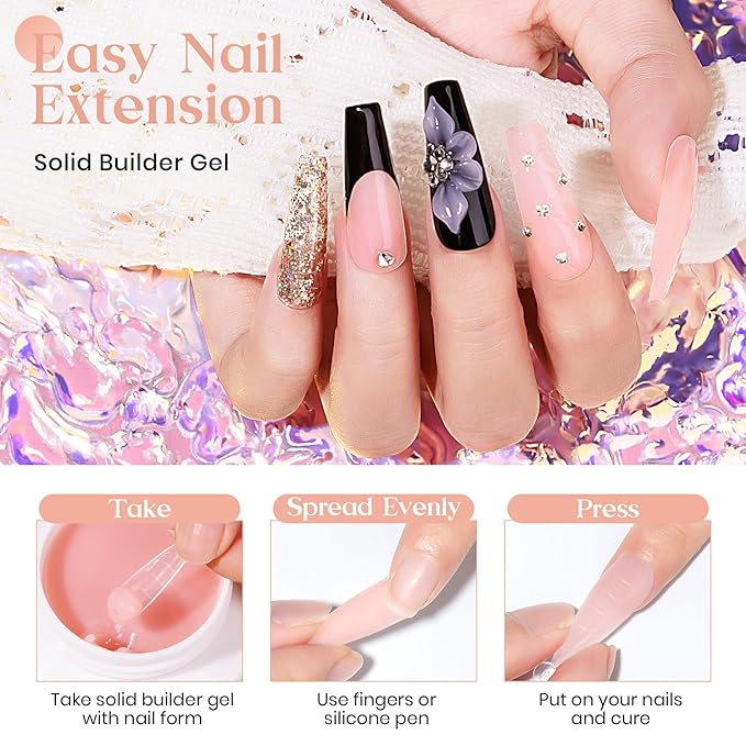 MIZHSE Solid Nail Builder Gel, 2.1 oz 60g Nude Builder Gels for Nails Non-Sticky Solid Builder Gel for Extensions Hard Gels with 24pcs Dual Forms and Silicone Pen Nails Art Manicure Set