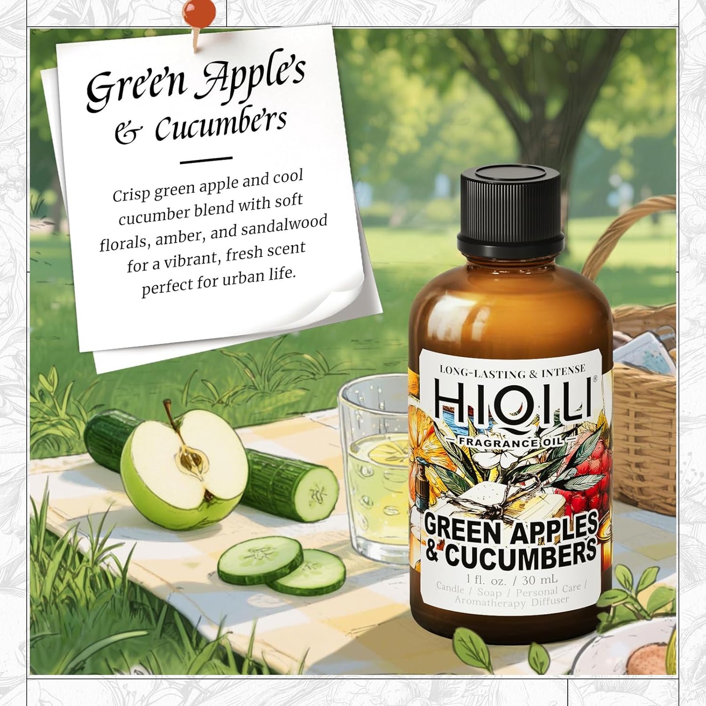 HIQILI Green Apples & Cucumbers Fragrance Oil for Candle, Soap, Perfume Making, Inspired by D.Ka-Ran B.De-Licious, Fresh Scents, Add to Skin & Hair Care Products - 1 Fl Oz