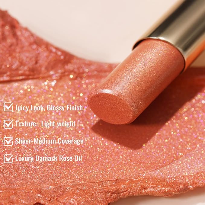 Oulac Moisture Peach Nude Lipstick - 2 in 1 Shimmer Lipstick & Lip Balm, Shimmer Soild Lip Gloss, Lightweight Smooth, Natural Look Best for Dry, Cracked and Chapped Lips, Vegan 2.2g/0.07oz (S05)