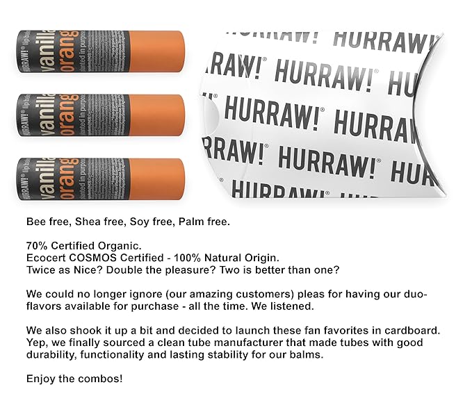 Hurraw! Vanilla & Orange Lip Balm, 3 Pack: Plastic-Free with new cardboard push-up tube. Certified Organic, All Natural Origin, Vegan & Cruelty Free. Gluten, Bee, Shea, Soy & Palm Free. Made in USA