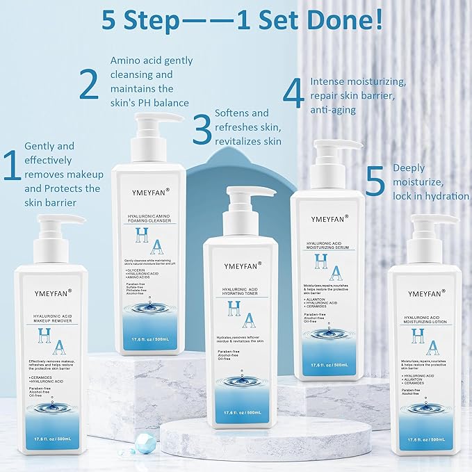 5 Step Skin Care Set, Large 17.6 Fl oz, All with Hyaluronic Acid Facial Skin Care Products, Makeup Remover, Cleanser, Toner, Serum, Lotion, Hydrating & Protect Skin, Sulfates & Paraben-Free