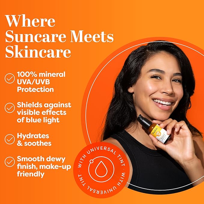 TruSkin Sunscreen Serum for Face – SPF 30 Universal Tinted Mineral Sunscreen Face Serum – Lightweight Transparent Finish – Zinc Oxide, Vitamin C, Hyaluronic Acid, Ceramides, All Skin Types, 1 fl oz