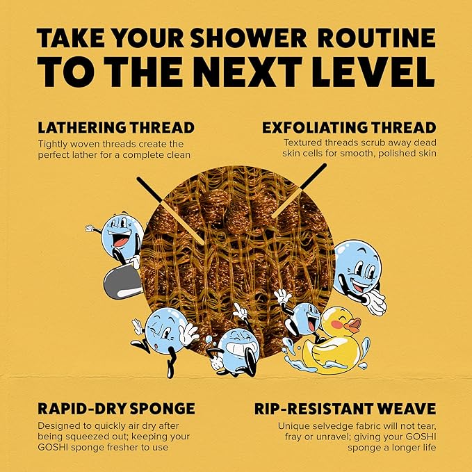 GOSHI Exfoliating Shower Sponge - Rip-Resistant, Rapid-Drying Exfoliating Bath Sponge for All Skin Types - Marigold Yellow - Made in Japan