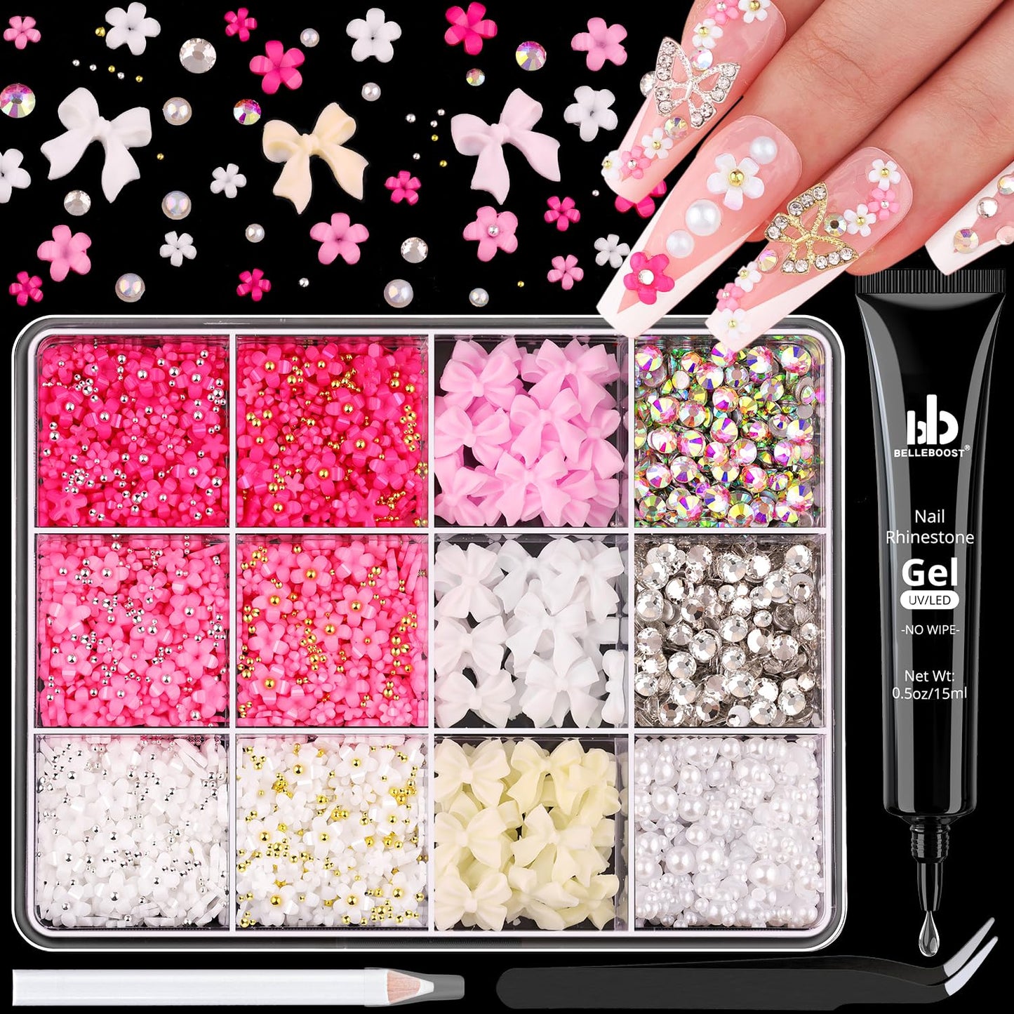 3D Nail Charms and Gems Set 6 with Rhinestone Glue, 75PCS Chunky Coquette Pink & White Bow Nail Charms + Kawaii Cute 3D Flowers for Nails + Clear & AB Glass Crystals + Flat Pearls for Y2K Nail Decor