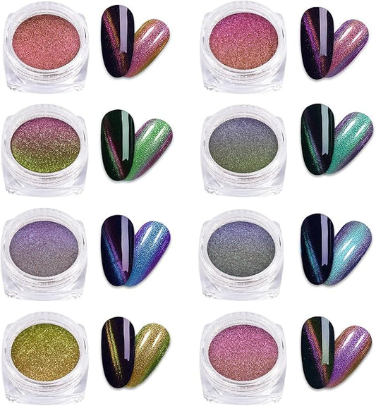Laza 8 Colors Cat Eye Chrome Nail Powder Chameleon Magnetic Powder 3D Cat Eye Mirror Effect Pigment Dust Magic Galaxy Effect Glitter for Velvet Nail Art - Discolor Candy