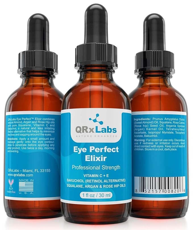 Eye Perfect Elixir - With Bakuchiol (Retinol Alternative), Pure Argan and Rosehip Oils, Squalane, Vitamin C & E - Best Anti-Aging Treatment Serum for Bags, Puffiness, Wrinkles, Crow Feet