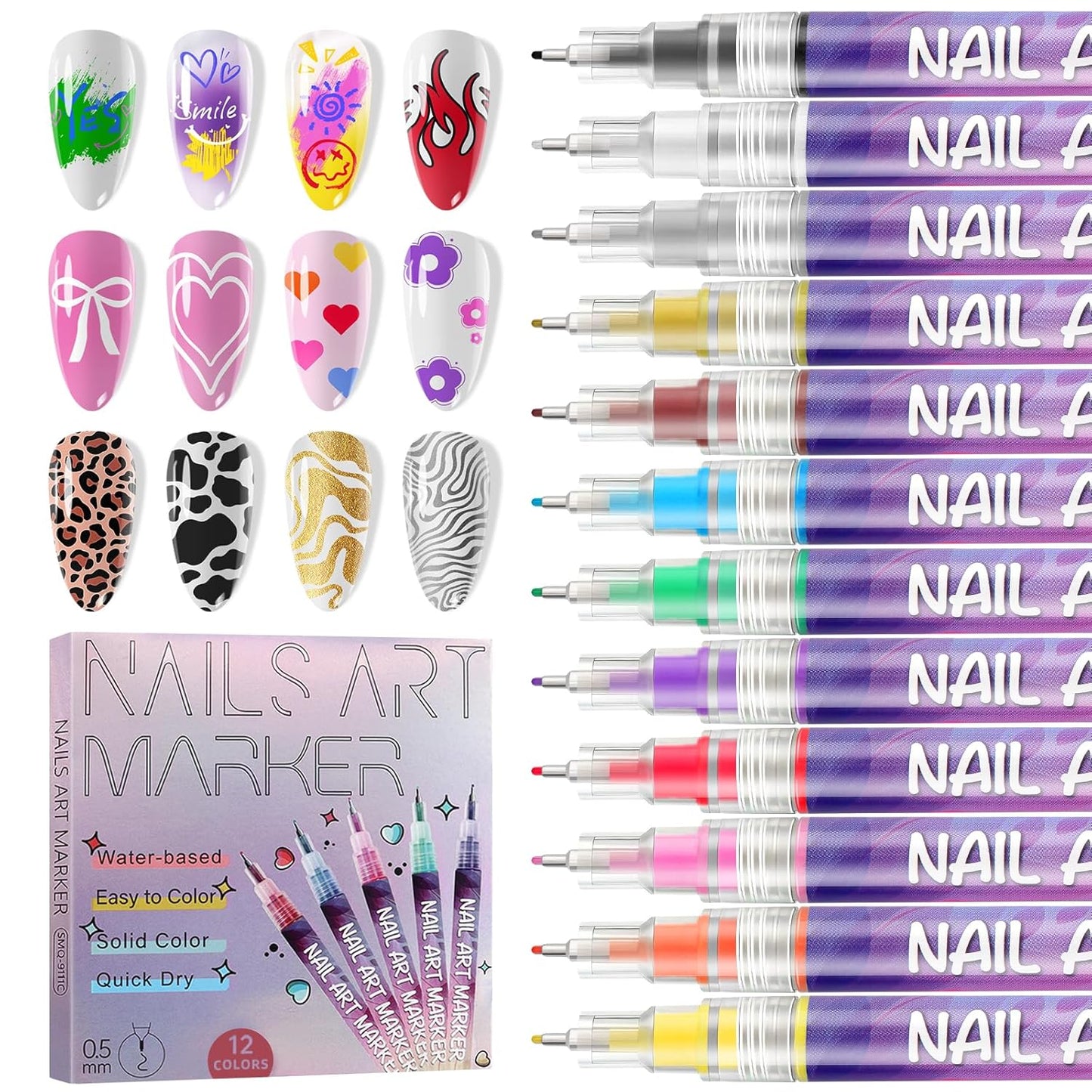 12 Colors Nail Art Pens Kit EBANKU 0.5MM Ultra-Fine Tip 3D Nail Polish Pens Quick-Dry Acrylic Paint Pens Nail Markers Dotting Tools for Home & Salon Manicure