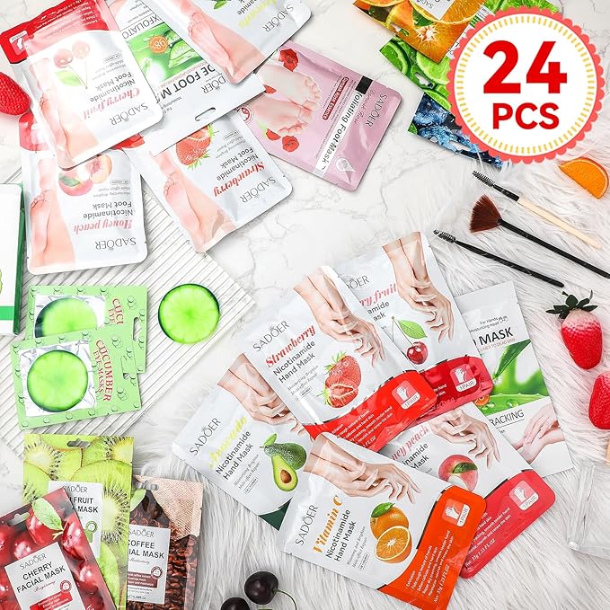 24 Pcs Fruits Beauty Facial Hand Foot Mask Cooling Eye Pads Set Spa Party Night Kit Beauty Skincare Hydrating Skin Cooling Eye Masks for Puffy Eyes Spa Stocking Stuffers Night Summer Party
