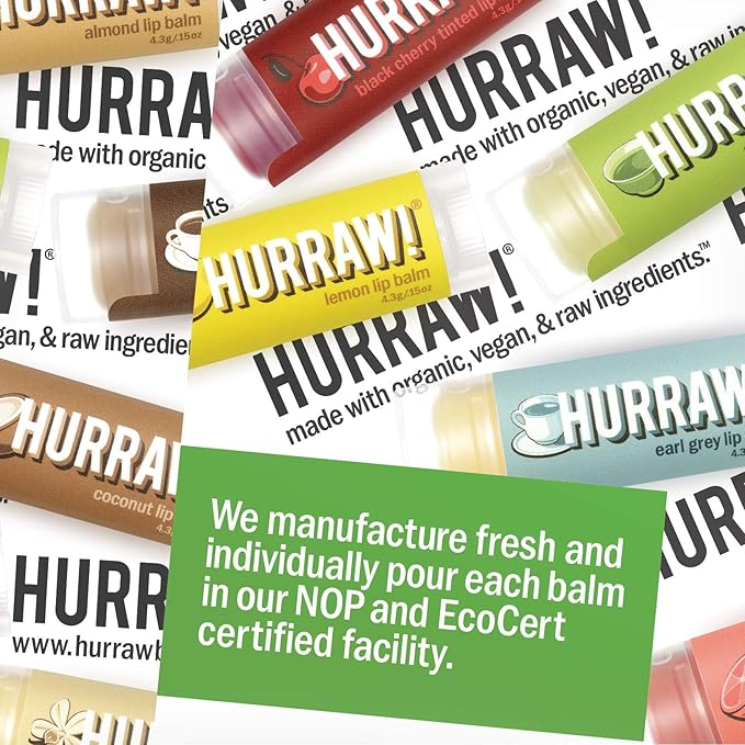 Hurraw! Lip Balms Staff Favorites, 6 Balm Bundle Pack: Black Cherry Tinted (Sheer Red Tint), Orange, Lemon, Mint, Earl Grey, Raspberry Tinted (Sheer Berry Tint). Organic, vegan & raw ingredients.