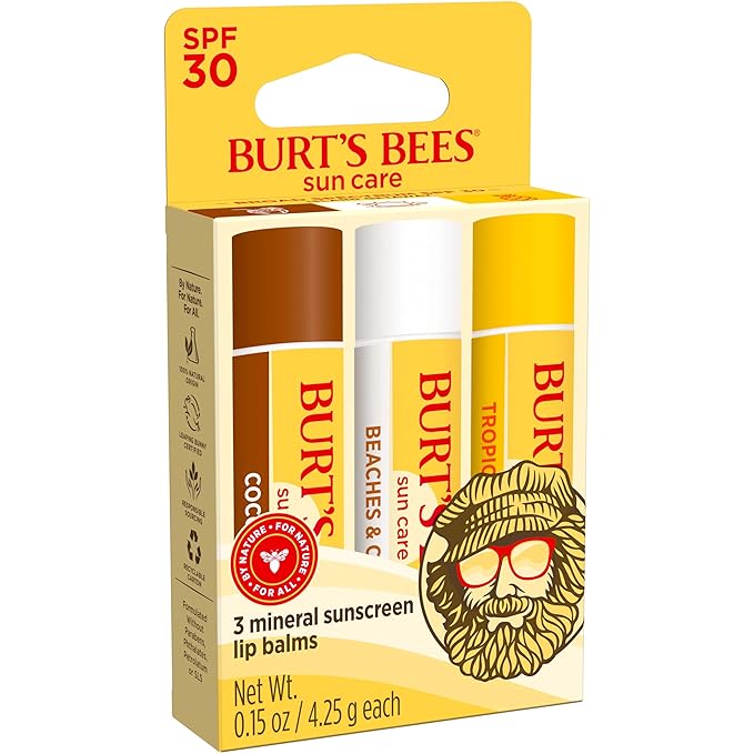 Burt’s Bees SPF 30 Lip Balm Mothers Day Gifts for Mom, Island Getaway - Coco Loco, Beaches & Cream, Tropic Like It's Hot, Water-Resistant Sun Care, Natural Origin Lip Treatment, 3 Tubes, 0.15 oz