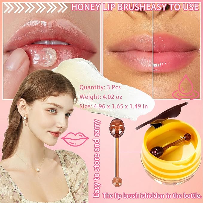 2PCS Bee Lip Balm,Hydrating Honey Pot Lip Balm with Stick,Non-Greasy Silky Sleeping Lip Mask Set,Long Lasting Lip Scrubs Moisturizer for Dry Cracked Lips（Honey ＋Strawberry）