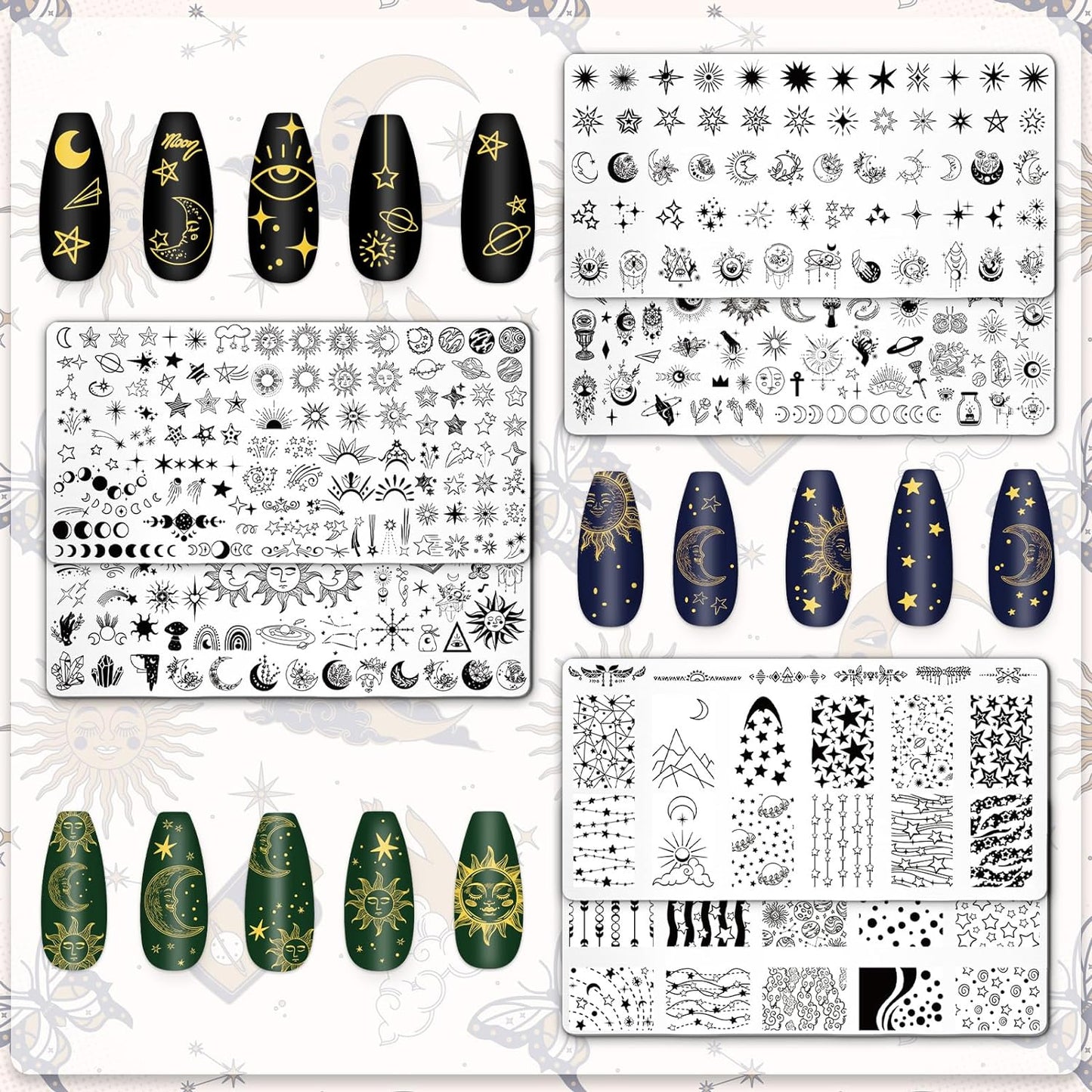 Whaline 6Pcs Sun Moon Star Nail Plates Stamping Set Groovy Stamp Templates Nail Art Plates for DIY Print Manicure Salon Design Gift Supplies