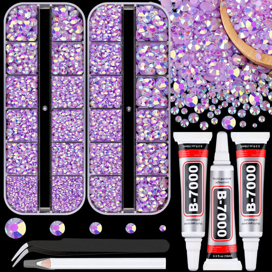 Resin Jelly Rhinestones for Crafting with B7000 Jewelry Glue, 2 Boxes Light Purple AB Flatback Crystals with 3Pcs 10ml Glue, Bedazzling Non Hotfix Gems for DIY Tumblers Clothing Shoes Manicure