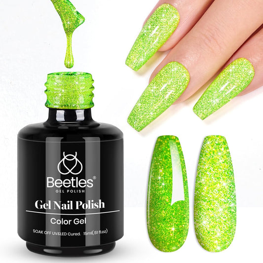beetles Gel Polish Green Glitter Gel Nail Polish 15ml Reflective Nail Art Manicure Salon DIY at Home Gifts for Women Lime Shock