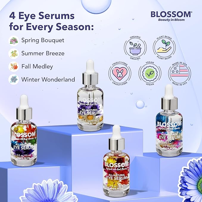 Blossom All Natural Organic Cruelty Free Moisturizing Eye Serum with Essential Oils, Infused with Real Flowers, Made in USA, 0.5 fl. oz., Spring Bouquet
