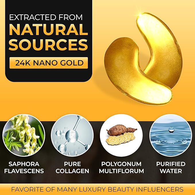 24k Gold Eye Mask - Under Eye Patches for Dark Circles, Puffiness, and Wrinkles - 20 Gold Eye Patches for Puffy Eyes with Collagen and Amino Acids for Intense Hydration and Firming