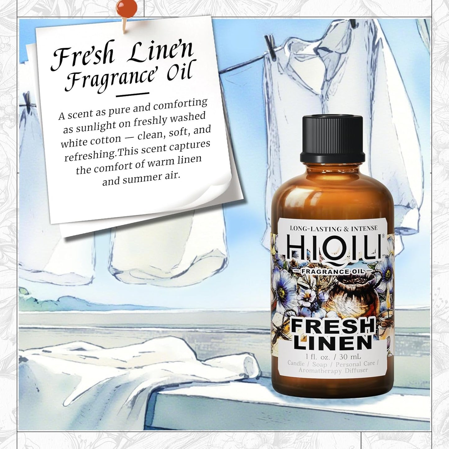 HIQILI Fresh Linen Fragrance Oil for Candle & Room Spray Making, Add to Dryer Balls, Freshie Scents for Essential Oil Diffuser - 1 Fl Oz