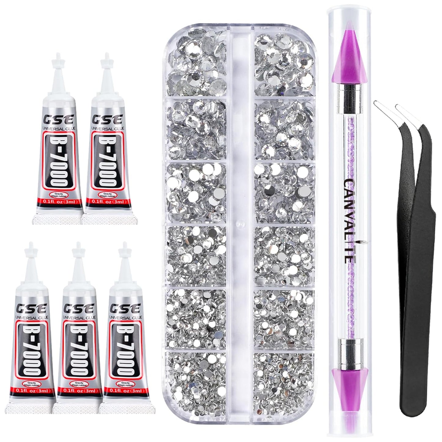 Canvalite 2784PCS Rhinestones Flatback Gems, Nail Rhinestones Nail Art Gems with Jewelry Glues, Pick Up Tweezers and Rhinestone Picker Dotting Pen, Nail Art Tools for Nails, Clothes, Face, Crafts