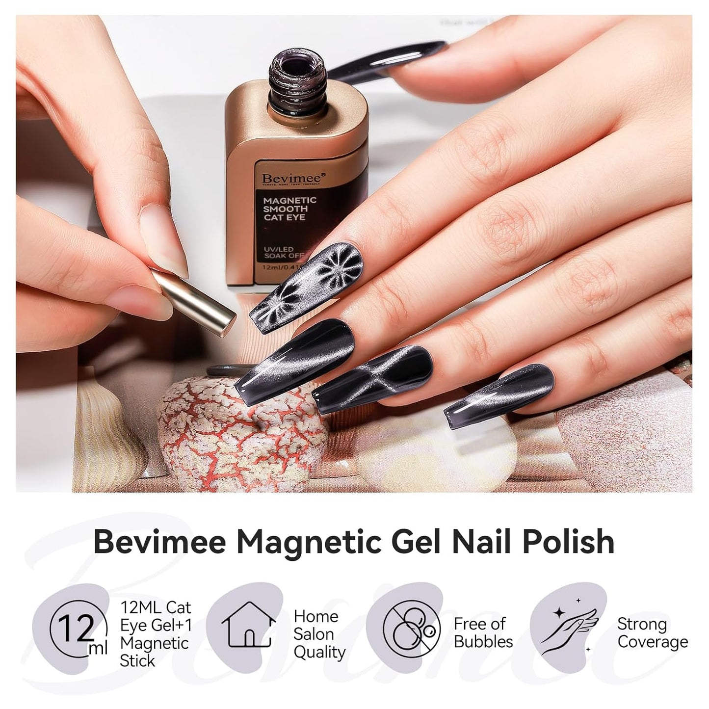 Cat Eye Gel Polish - Black, Glitter Magnetic Nail Polish Moonlight, Cateye Polish With Magnet Stick Holographic Shimmer Cateye Effect, UV Velvet Gel Nail Art Manicure Salon DIY Home, 12ML