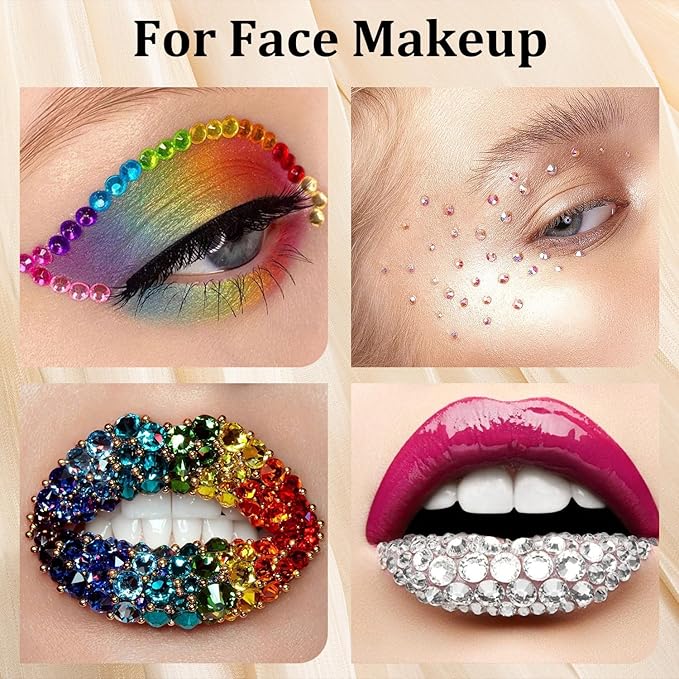 Colorful Face Gems for Makeup Set, Flatback Gorgeous AB+Clear+Mixed-Colored Glass Gems with Picker Pencil, Makeup Glue, Dual-End Dotting Tool and Tweezer for Eye Body Hair Make-up and Nail Art Deco