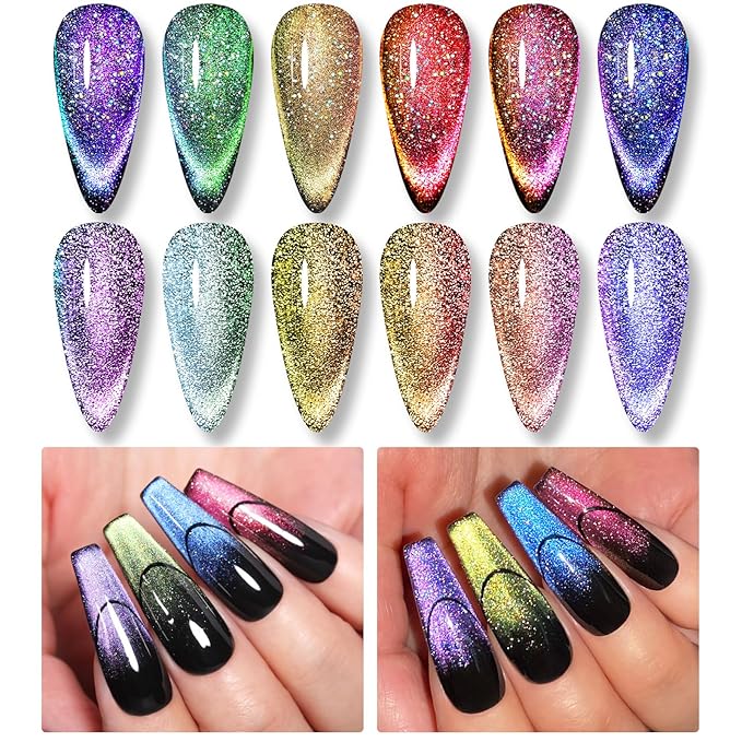 Born Pretty 9D Magnetic Gel Nail Polish Reflective Glitter Gel Polish Holographic Colorful Cat Magnetic Gel Polish Set 7ML 6PCS
