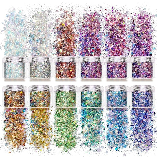 Allstarry 12 Colors Chunky Glitter Holographic Craft Glitter Cosmetic Nail Art Sequins Mixed Fine Glitter Flakes for Nails Art Decoration Hair Eyes Face Body, Resin Tumblers, Epoxy, Slime