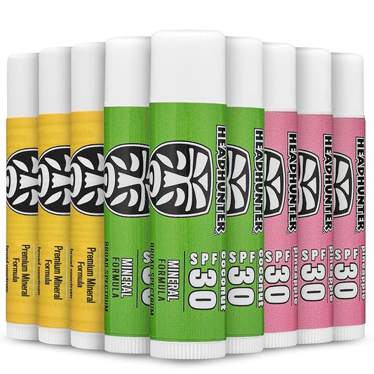 Headhunter Sport Chapstick Sunscreen SPF 30, Natural Mineral Waterproof Lip Balm For Sun Protection, Ultra Solar Defense - Reef Safe Sunblock Chap Stick, 3 Flavors - Coconut, Pineapple, Mango (9 Pack)