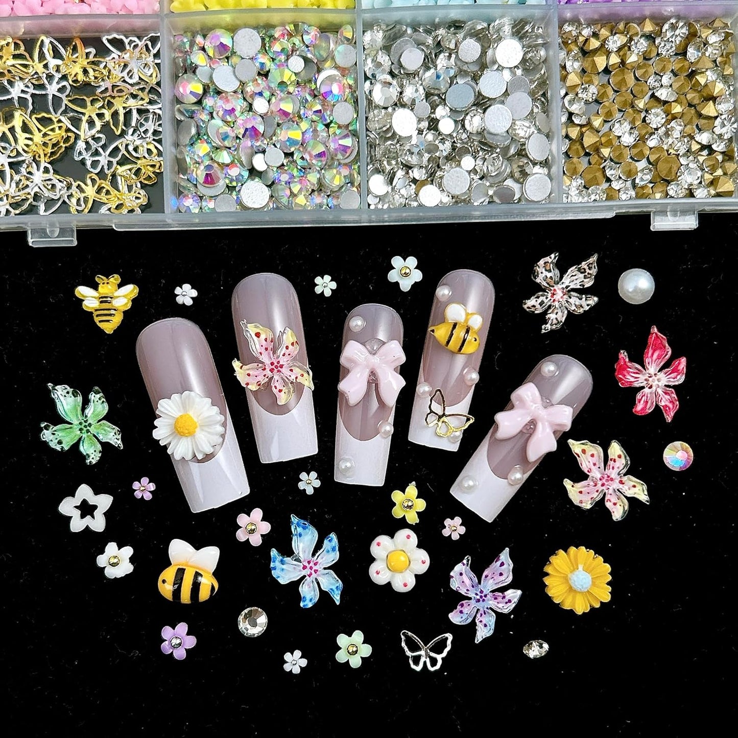 Flowers Nail Charms and Gems, Cute 3D Bee Daisy Hawaii Flowers Nail Art Charms for Acrylic Nails, Gold Silver Butterfly Nail Rhinestone and Charms,White Flatback Pearl Nail Charms Manicure DIY Crafts