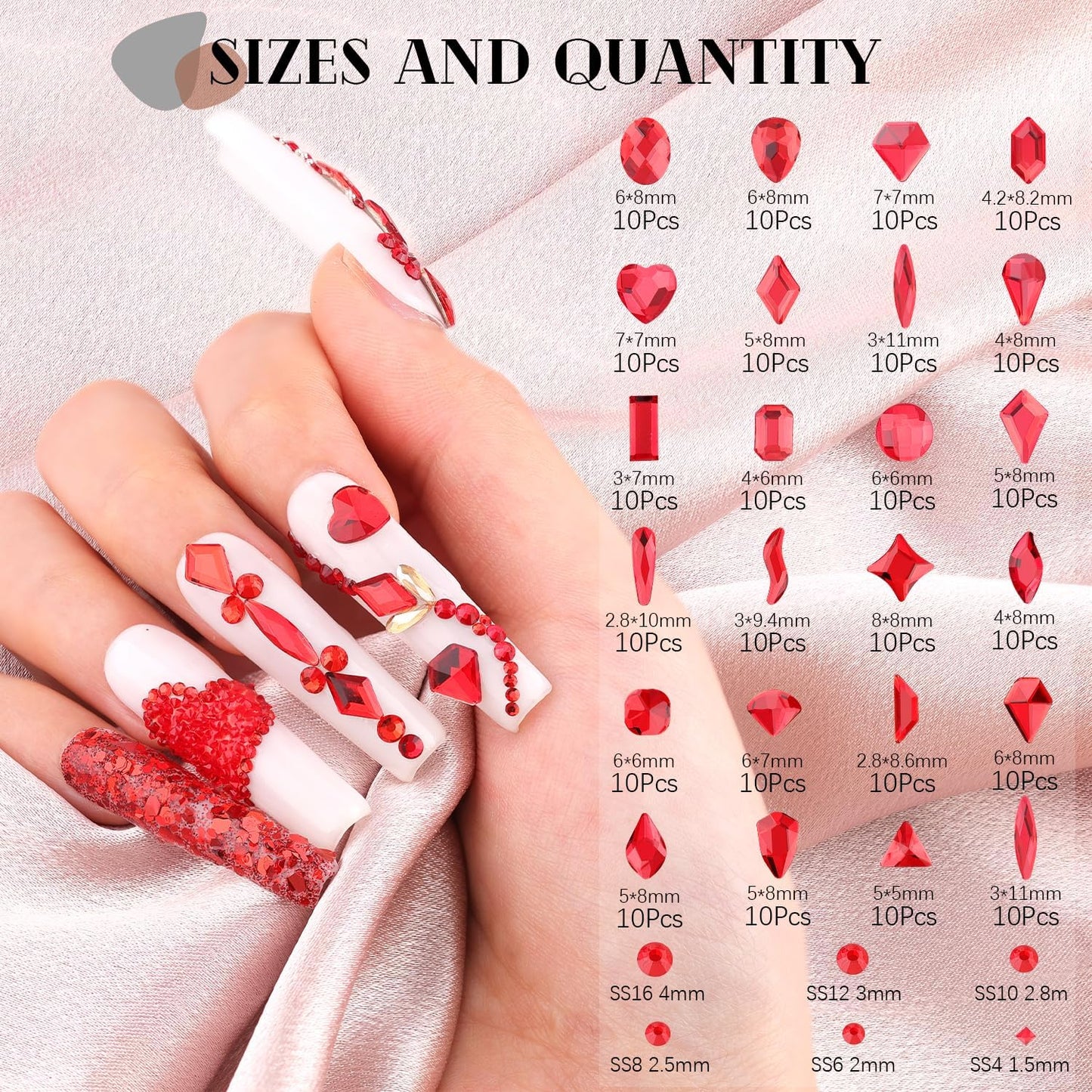 2750Pcs Red Glass Nail Rhinestones 240Pcs Multi Shapes Flatback Nail Gems + 2510Pcs 1.5-4mm Round Crystal, Manicure Nail Charms Diamond Gemstones for Acrylic Nails Decoration