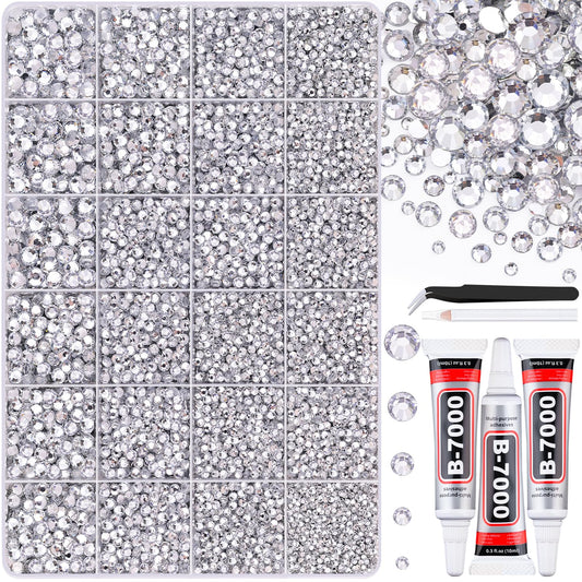 30000Pcs Resin Silver Clear Rhinestones for Bedazzling Crafting with b7000 Jewelry Glue, Bulk Flatback Gems Bedazzler Kit for Crafts Clothes Shoes Fabric Nail Diamond Art, Assorted Size 2/3/4/5/6mm