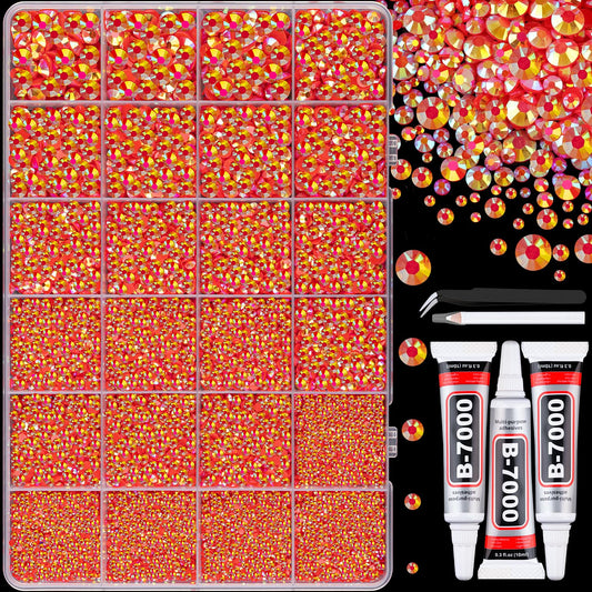 25000Pcs Resin Jelly Rhinestones with Tweezers for Crafting, Red AB Flatback Gems, Bedazzling Crystal with 3Pcs 10ml B7000 Jewelry Glue for DIY Crafts Clothing Tumblers Shoes Fabric Nail Art