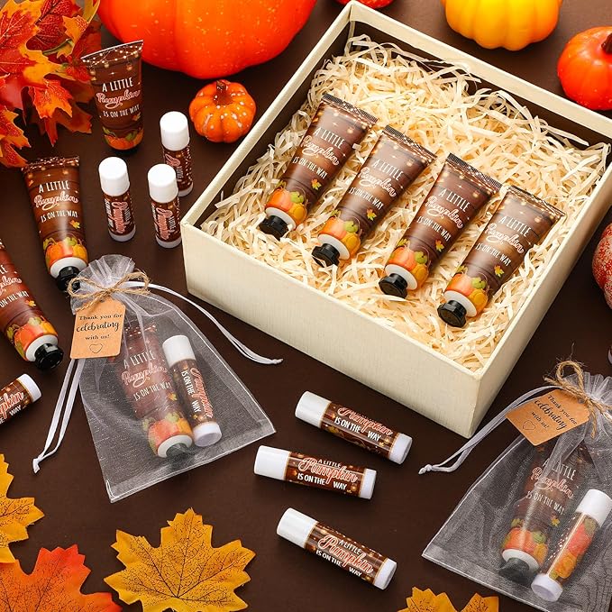 50 Sets 200 Pcs Baby Shower Hand Lotion and Lip Balm Gift Theme Baby Shower Party Favors Travel Size Hand Lotion and Lip Balm Bulk with Organza Bags Tags(Rustic Pumpkin)