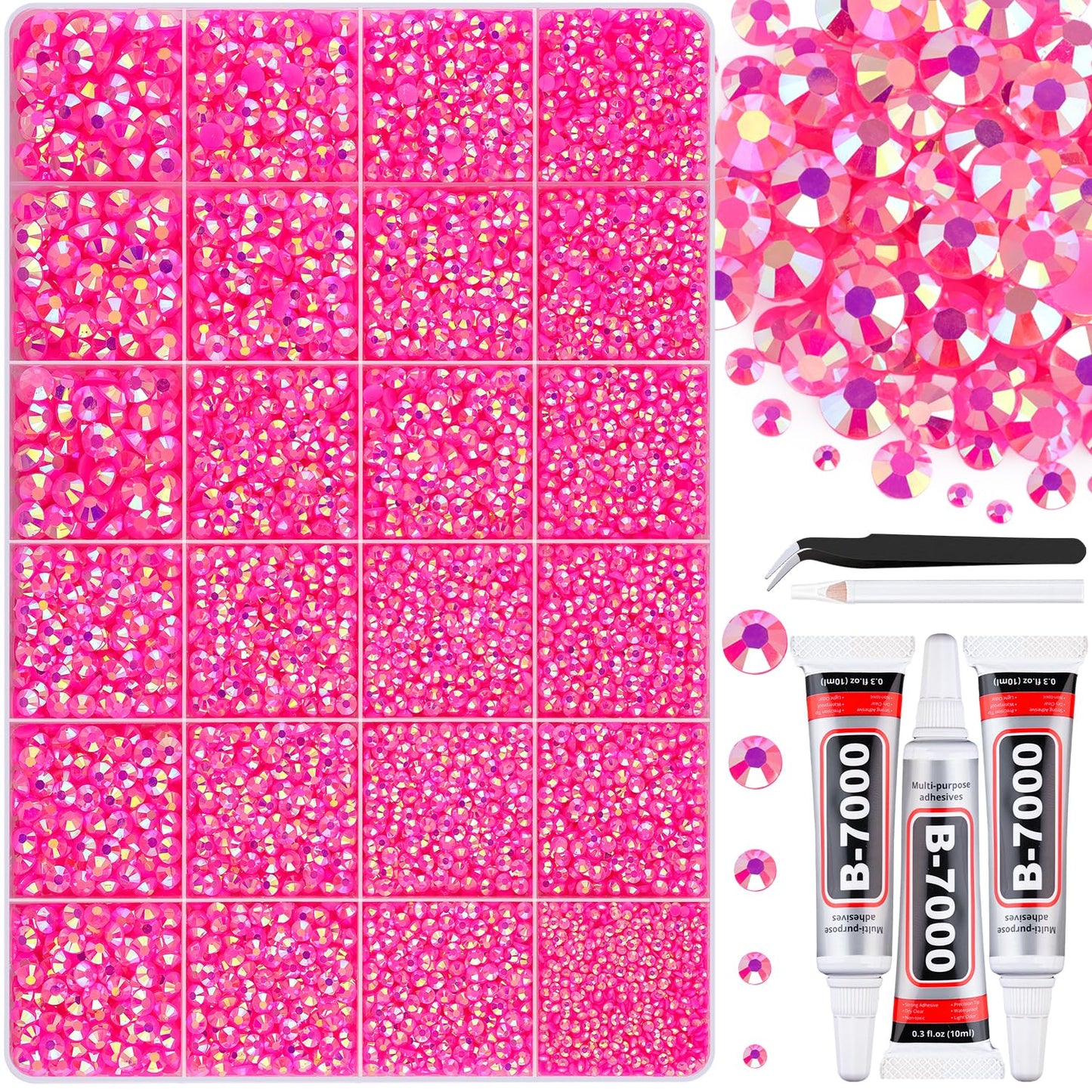 30000Pcs Resin Hot Pink AB Rhinestones for Bedazzling Crafting with b7000 Jewelry Glue, Bulk Flatback Gems Bedazzler Kit for Crafts Clothes Shoes Fabric Nail Diamond Art, Assorted Size 2/3/4/5/6mm