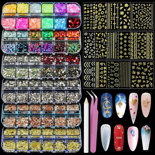 Artdone Nail Art Studs Kit, 6 boxes Multicolor And Design 3D Charms With 15 Sheets Gold Nail Stickers, Diamond Cute Nail Jewels For DIY Decoration with Pickup Tools