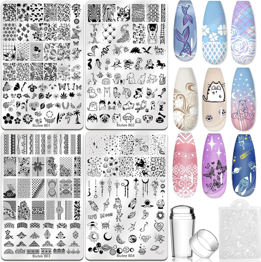 Biutee 4PCS Nail Stamping Plates Set, Includes Nail Art Stamper & Scraper - French Line Lace, Space, Animal, Flower, Leaf Designs - Large Nail Art Stencils Templates for DIY Manicure
