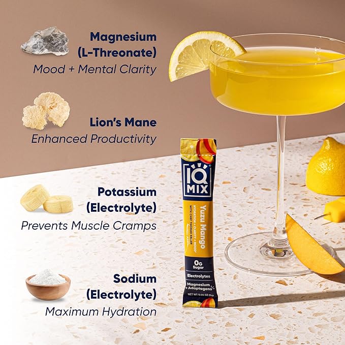 IQMIX x Chef Thomas Keller - Hydration Electrolyte Powder – 4-in-1 Formula for Hydration, Mental Clarity, Mood and Recovery – Sugar-Free, Keto, Magnesium L-Threonate, Lion’s Mane – 20 Count Yuzu Mango