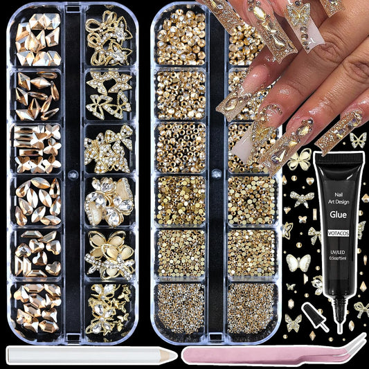 Nail Art Charms Rhinestones with Glue Gel Champagne Nail Rhinestones Supplies Accessories Gold Butterfly Multi Shape Crystal AB Rhinestone Nails Gems Jewelry for Women Nails Design