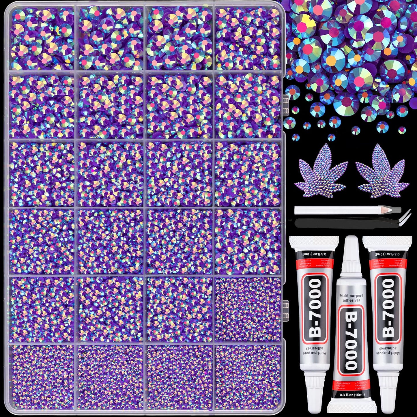 25000Pcs Resin Rhinestones with B7000 Jewelry Glue for Crafting, Dark Purple AB 2-6mm Non Hotfix Flatback Gems, Bedazzling Crystal for DIY Crafts Clothing Tumblers Mugs Shoes Fabric Decor Nail Art