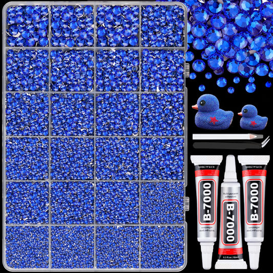 25000Pcs Resin Rhinestones with B7000 Jewelry Glue for Crafting, Royal Blue 2-6mm Non Hotfix Flatback Gems, Bedazzling Crystal for DIY Crafts Clothing Tumblers Mugs Shoes Fabric Decor Nail Art