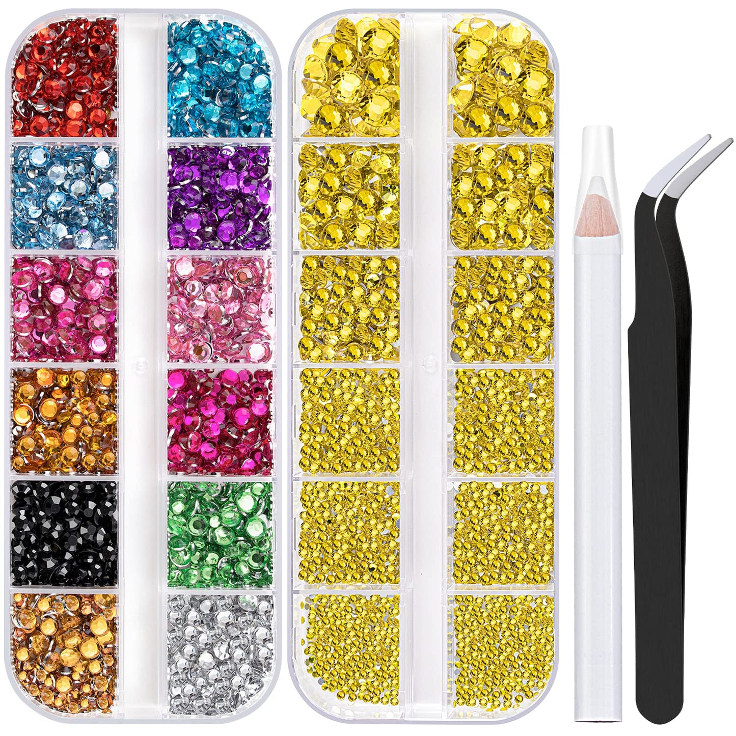Two Packs of Flatback Rhinestones 4520 Pcs Colorful Nail Art Rhinestones Flatback Crystal Colorful+Lemon Yellow Rhinestone with Picker Pencil and Tweezer for Nail Art and Decoration