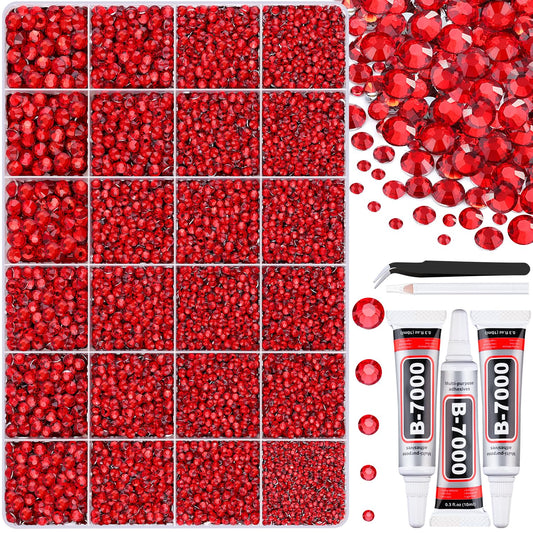 30000Pcs Resin Red Rhinestones for Bedazzling Crafting with b7000 Jewelry Glue, Bulk Flatback Gems Bedazzler Kit for Crafts Clothes Shoes Fabric Nail Diamond Art, Assorted Size 2/3/4/5/6mm