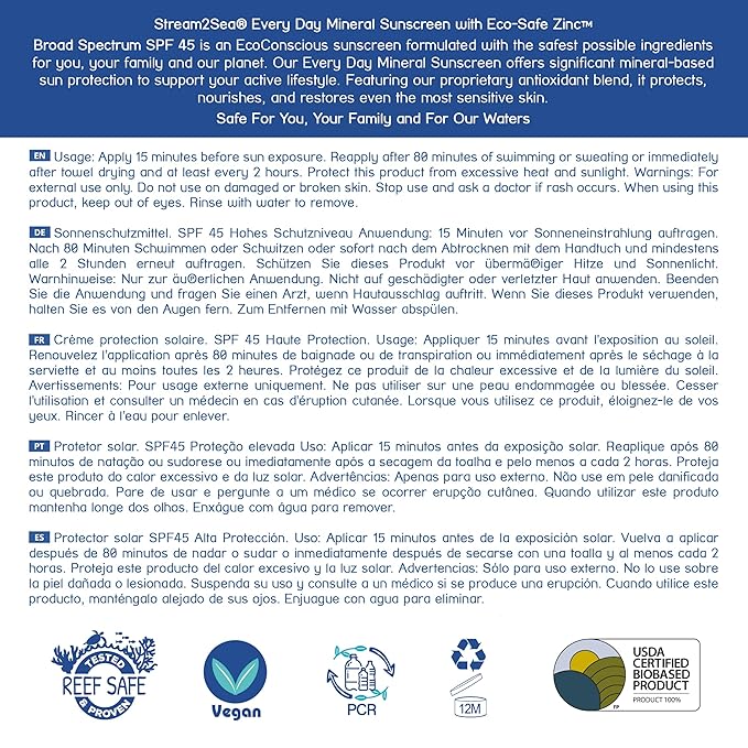 SPF 45 Every Day Active Mineral Sunscreen | 2.5 Fl Oz Biodegradable & Reef Safe Sunscreen for Face & Body | Non-Greasy, Lightweight & Sheer Mineral Protection Against UVA & UVB by Stream2Sea